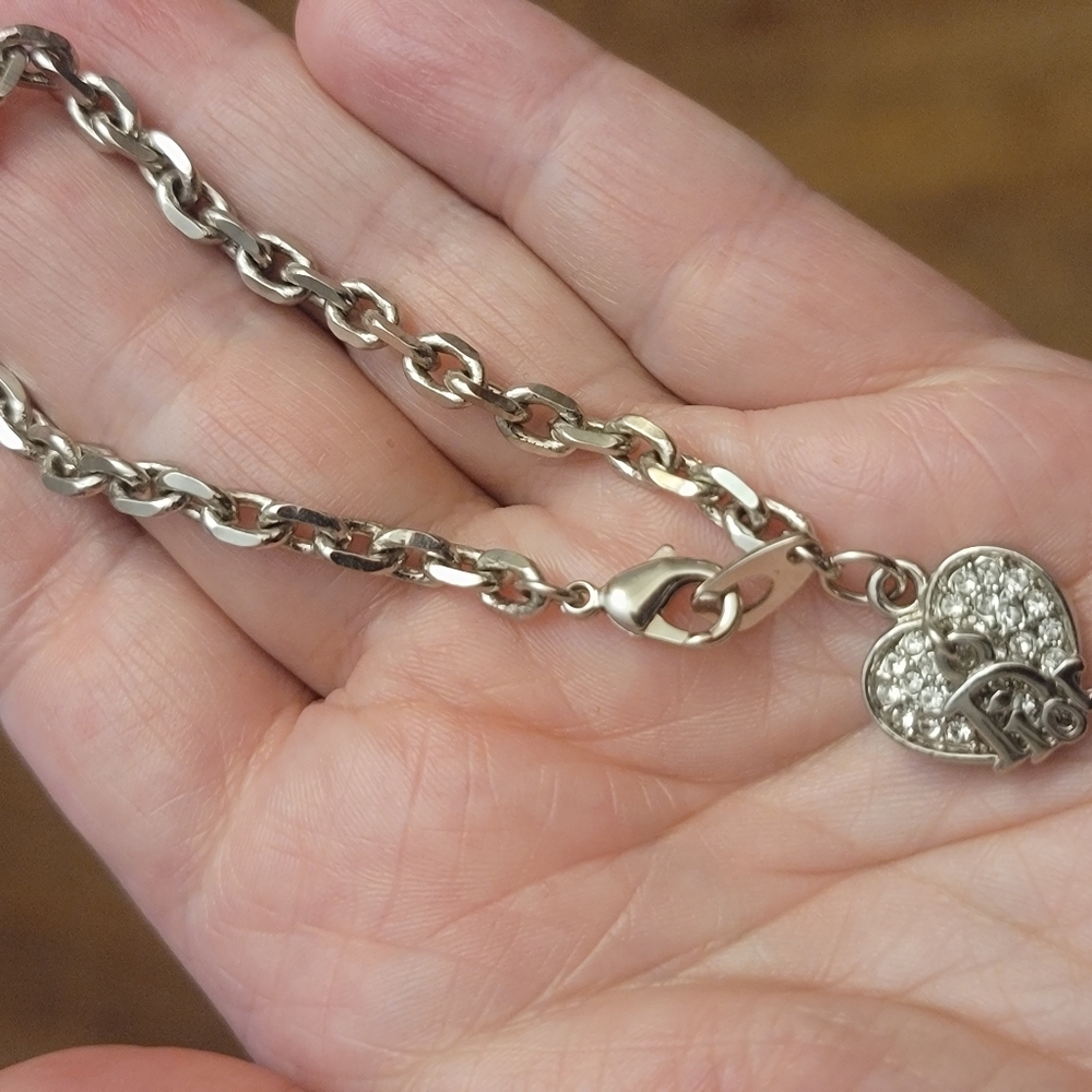 Vintage Christian Dior Silver Tone Crystal Heart Charm Chain Bracelet.